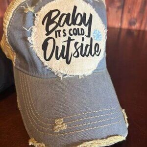 Distressed Trucker Hat Baby Its Cold Outside Boho Groove One Size Fits All Beige
